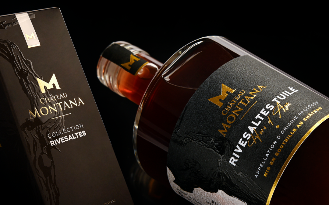 Étiquette premium avec dorure et vernis sur bouteille de vin de garde du Château Montana